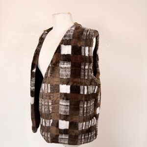Vintage 70s Shag faux Fur Leather Western Rodeo Vest Buffalo Check Plaid Large